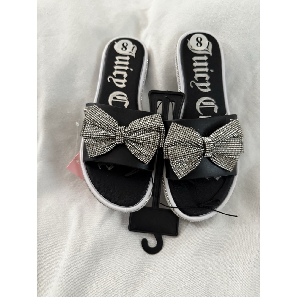 NEW Juicy Couture Black Yolox Rhinestone Bow Sandals Women 8 Black White Slides